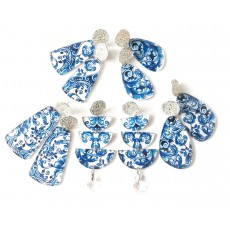 Blue Floral Earrings, Blue Earrings, Big Blue Earrings, Blue White Earrings, 